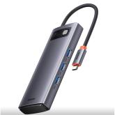 DOCKING Station Baseus Metal Gleam, conectare PC USB Type-C, USB 3.0 x 3, USB Type C x 1 PD 20V/5A, card reader SD/microSD, gri 