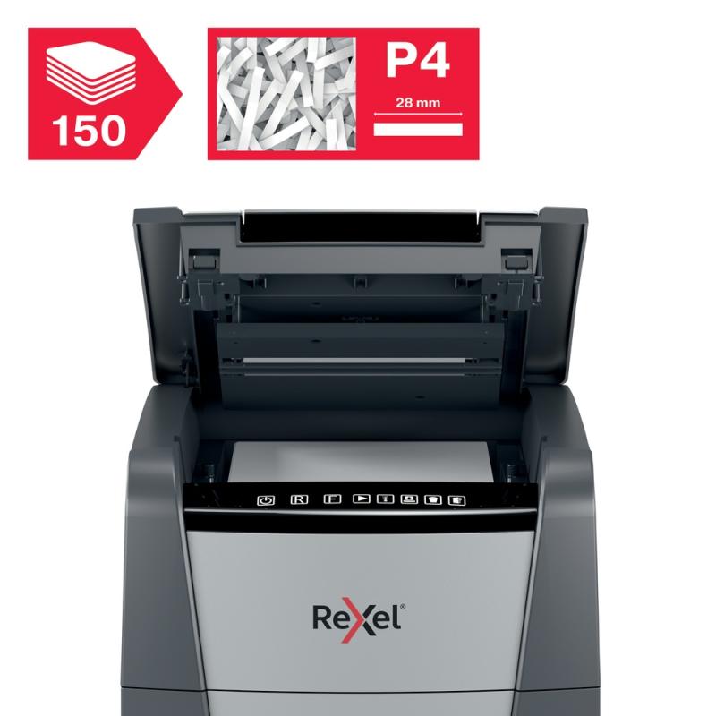 Distrugator automat documente Rexel OPTIMUM 150X , 150 coli, P4, cross-cut (tip confeti), cos  44 litri, negru-gri, 