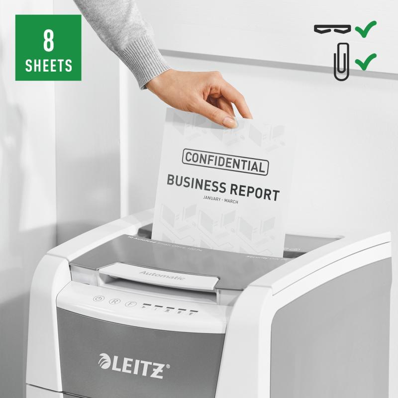 Distrugator automat documente Leitz IQ  Small Office , 100 coli, P4, cross-cut (tip confeti), cos  34 litri, alb-gri, Leitz 