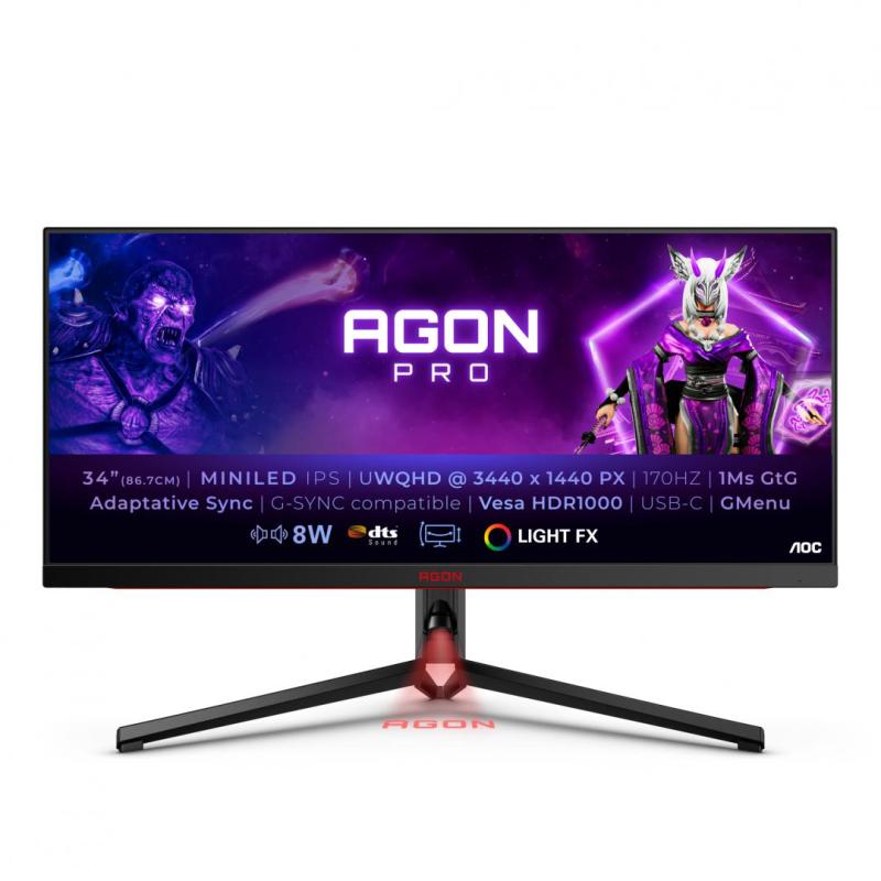 MONITOR AOC AG344UXM 34 inch, Panel Type: IPS, Backlight: MiniLED ,Resolution: 2560x1440, Aspect Ratio: 21:9, Refresh Rate:170Hz, Responsetime GtG: 1ms, Brightness: 1000 cd/m², Contrast (static): 1000:1,Contrast (dynamic): 80M:1, Viewing angle: 178º(R/L),