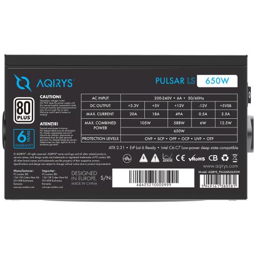 Sursa Aqirys Pulsar LS 650W 80+ White certified, culoare neagra