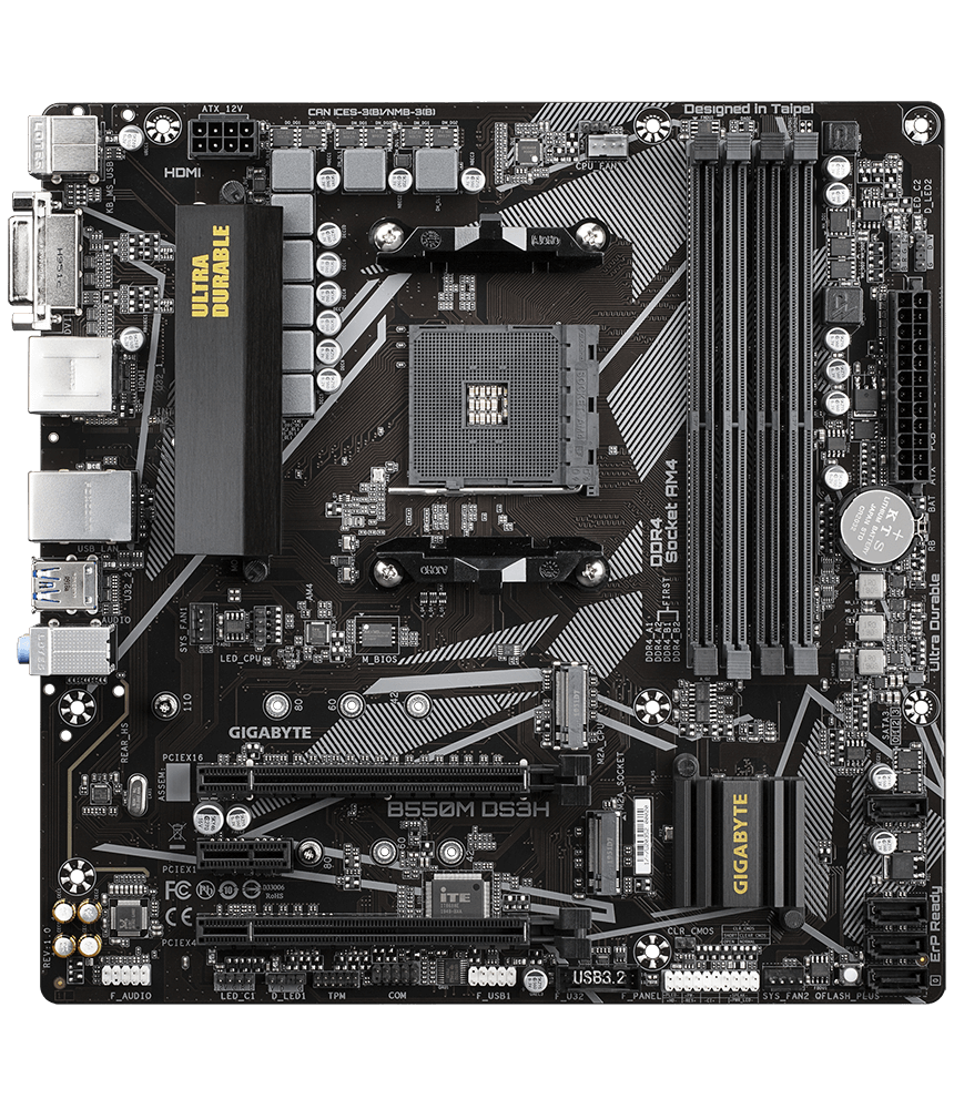 GIGABYTE MB B550 AM4 4 x DDR4 PCI Express x16  2 x M.2 4 x SATA  1 x DVI-D 1 x HDMI Micro ATX Form Factor; 24.4cm x 24.4cm