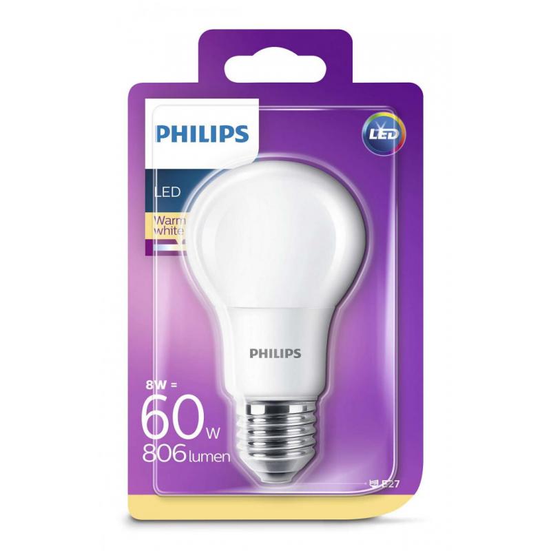 Bec LED Philips A60, EyeComfort, E27, 8W (60W), 806 lm, lumina calda (2700K), mat
