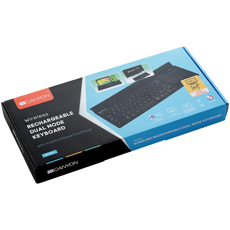 Bluetooth&2.4G wireless keyboard, max. 4 devices can be connected at same time, Bluetooth multi-device mode under Android, iOS, Win8 and Win10 system, touch panel with rubbery hand rest, US layout, Black, size:397x175.5x27 mm, 614g