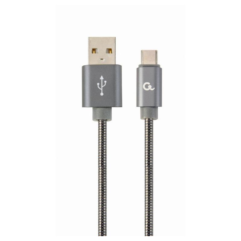 CABLU alimentare si date GEMBIRD, pt. smartphone, USB 2.0 (T) la USB 2.0 Type-C (T), 1m, premium, cablu metalic, gri-metalic, cu insertii albe, 