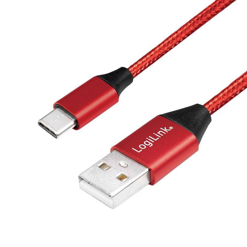 CABLU alimentare si date LOGILINK, pt. smartphone, USB 2.0 (T) la USB 2.0 Type-C (T), 0.3m, premium, cablu cu impletire din bumbac, rosu, 