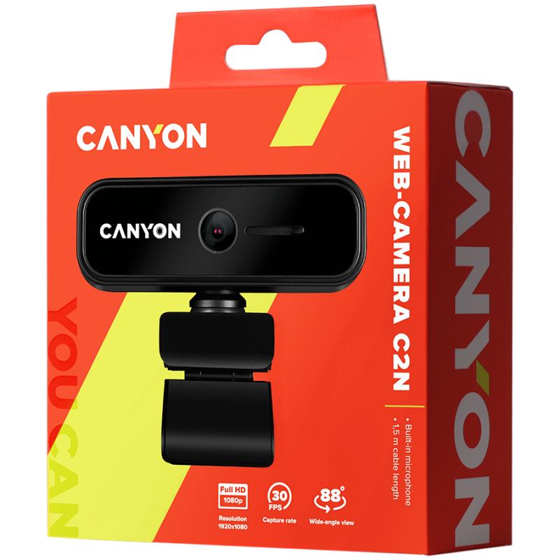 CANYON C2N 1080P full HD 2.0Mega fixed focus webcam with USB2.0 connector, 360 degree rotary view scope, built in MIC, Resolution 1920*1080, viewing angle 88°, cable length 1.5m, 90*60*55mm, 0.095kg, Black