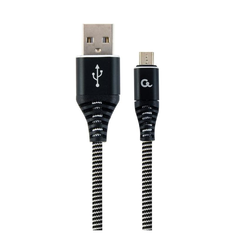 CABLU alimentare si date GEMBIRD, pt. smartphone, USB 2.0 (T) la Micro-USB 2.0 (T), 2m, premium, cablu cu impletire din bumbac, negru cu insertii albe, 