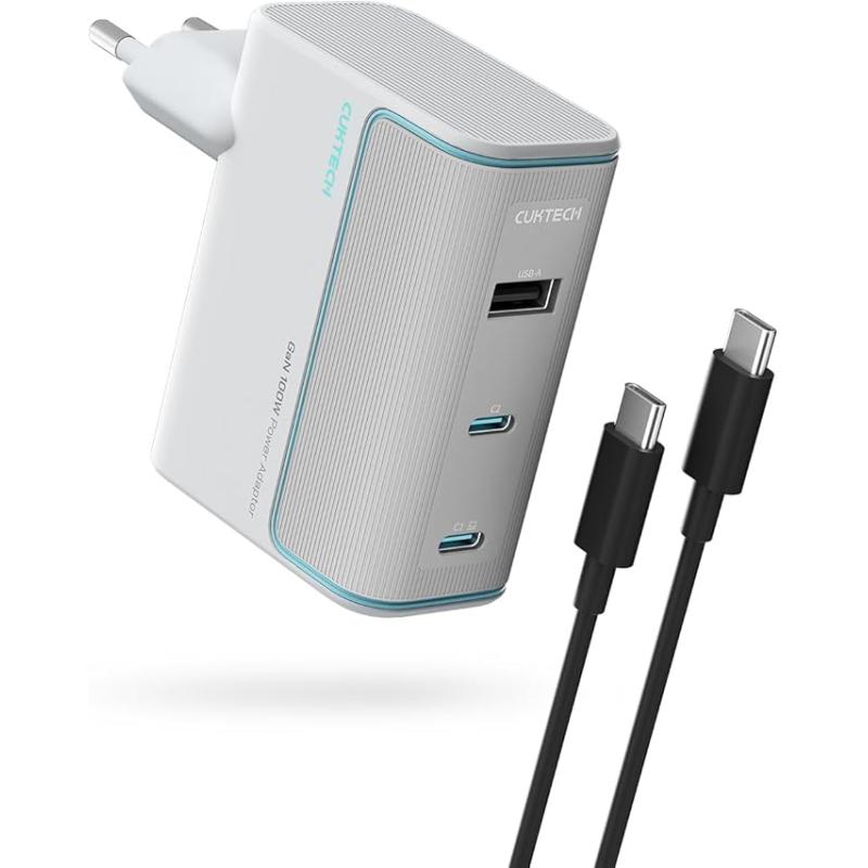 INCARCATOR retea Cuktech 2C1A Quick Charge 100W, 2 x USB Type-C Output, 1 x USB Output, include cablu USB Type-C la USB Type-C 1m, alb 