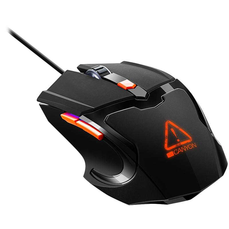 CANYON Vigil GM-2 Optical Gaming Mouse with 6 programmable buttons, Pixart optical sensor, 4 levels of DPI and up to 3200, 3 million times key life, 1.65m PVC USB cable,rubber coating surface and colorful RGB lights, size:125*75*38mm, 140g