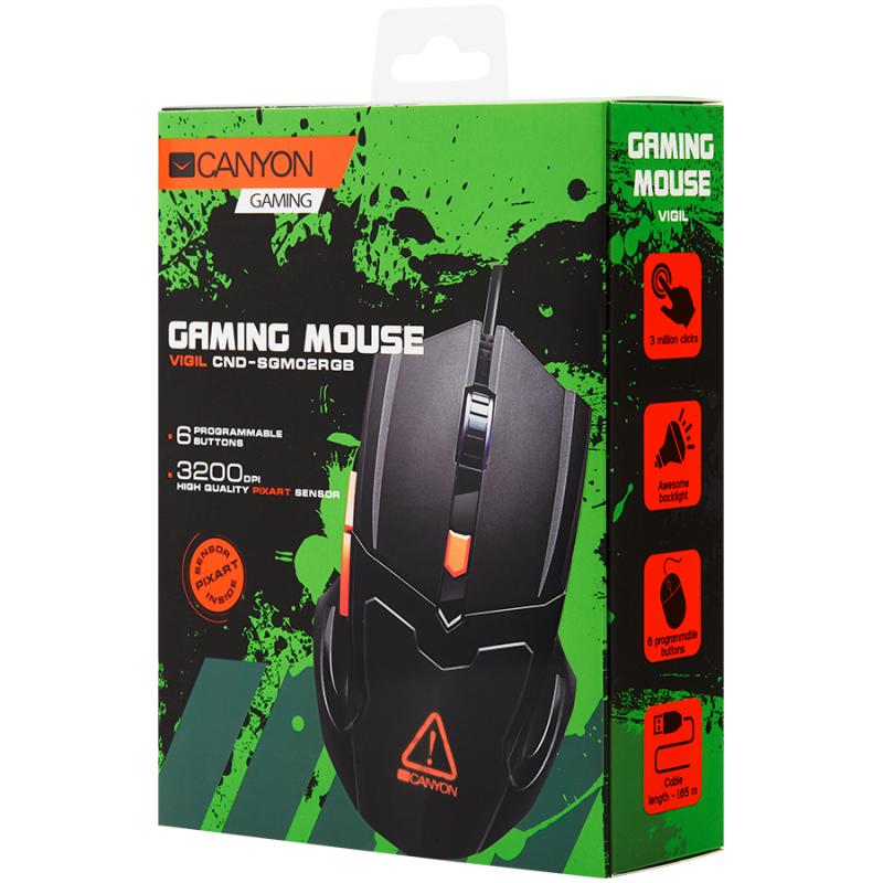 CANYON Vigil GM-2 Optical Gaming Mouse with 6 programmable buttons, Pixart optical sensor, 4 levels of DPI and up to 3200, 3 million times key life, 1.65m PVC USB cable,rubber coating surface and colorful RGB lights, size:125*75*38mm, 140g