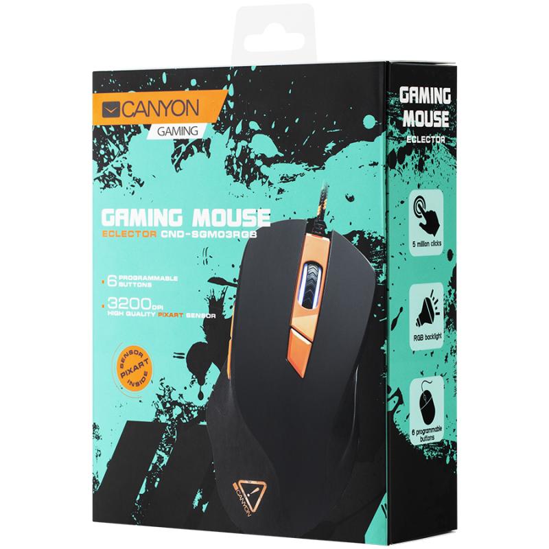 CANYON Eclector GM-3 Wired Gaming Mouse with 6 programmable buttons, Pixart optical sensor, 4 levels of DPI and up to 3200, 5 million times key life, 1.65m Braided USB cable,rubber coating surface and colorful RGB lights, size:130*75*40mm, 140g