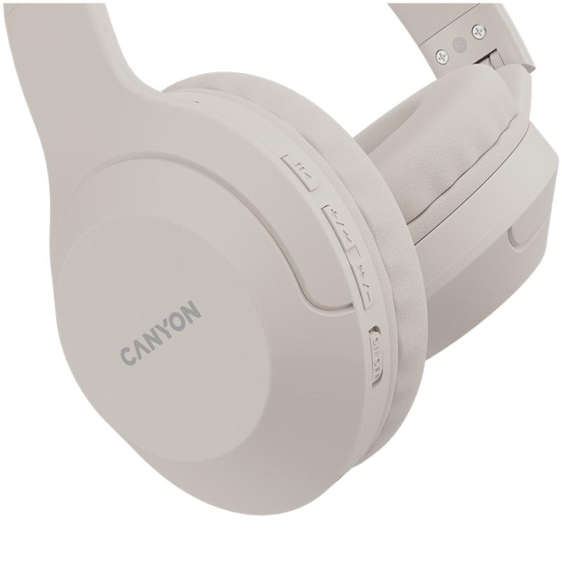 CANYON BTHS-3, Bluetooth headset,with microphone, BT V5.1 JL6956, battery 300mAh, Type-C charging plug, PU material, size:168*190*78mm, charging cable 30cm and audio cable 100cm, Beige