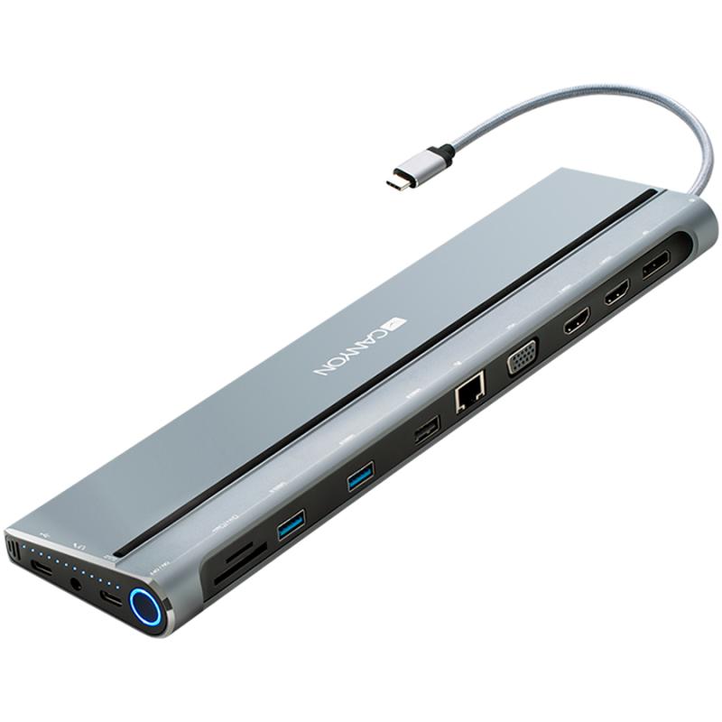 Canyon Multiport Docking Station with 14 ports: Type c data+Audio+Type C PD3.0 100W+SD+TF+2*USB3.0+USB2.0+RJ45+2*HDMI+VGA+DP+Lock, Input 100-240V, Output USB-C PD 5-20V/5A, cable length 0.20m, Space grey, 76*22.5*301mm, 0.36kg(Generation B)
