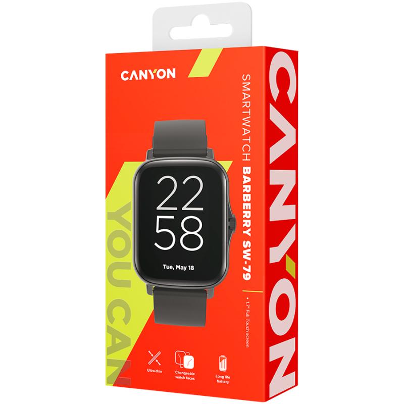 CANYON Smart watch, 1.69inches TFT full touch screen, Zinic+plastic body, IP67 waterproof, multi-sport mode, compatibility with iOS and android, black body with black silicon belt, Host: 44.4*36*9.2mm, Strap: 230x20mm, 47g