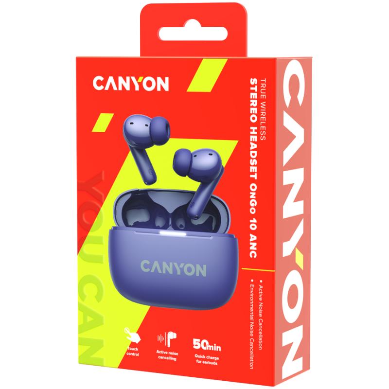 CANYON OnGo TWS-10 ANC+ENC, Bluetooth Headset, microphone, BT v5.3 BT8922F, Frequence Response:20Hz-20kHz, battery Earbud 40mAh*2+Charging case 500mAH, type-C cable length 24cm,size 63.97*47.47*26.5mm 42.5g, Purple