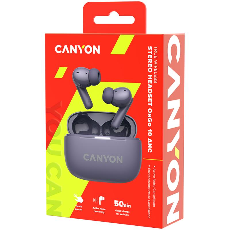CANYON OnGo TWS-10 ANC+ENC, Bluetooth Headset, microphone, BT v5.3 BT8922F, Frequence Response:20Hz-20kHz, battery Earbud 40mAh*2+Charging case 500mAH, type-C cable length 24cm,size 63.97*47.47*26.5mm 42.5g, Purple