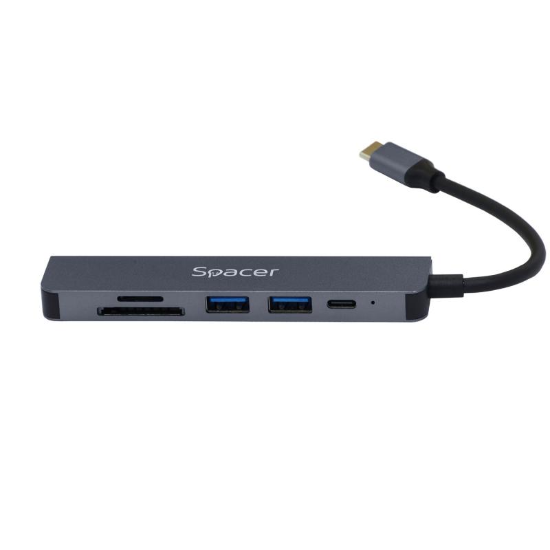 DOCKING Station Spacer universal 6 in 1, conectare Type-C, USB 3.0 x 2 |PD 3.0 x 1 (87W), porturi video HDMI x 1, 4K (30Hz),SD card x 1, TF (MicroSD card) x 1, gri, Aluminiu, 