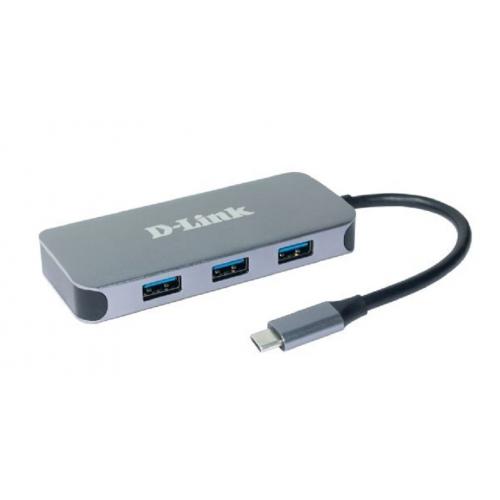 HUB extern D-LINK, porturi 3 x SuperSpeed USB 3.0, 1 x USB-C with data sync & power delivery up to 60W, 1 x HDMI 4k, 1 x RJ-45 Gigabit, conectare prin USB Type C, cablu 10 cm, metalic, argintiu 