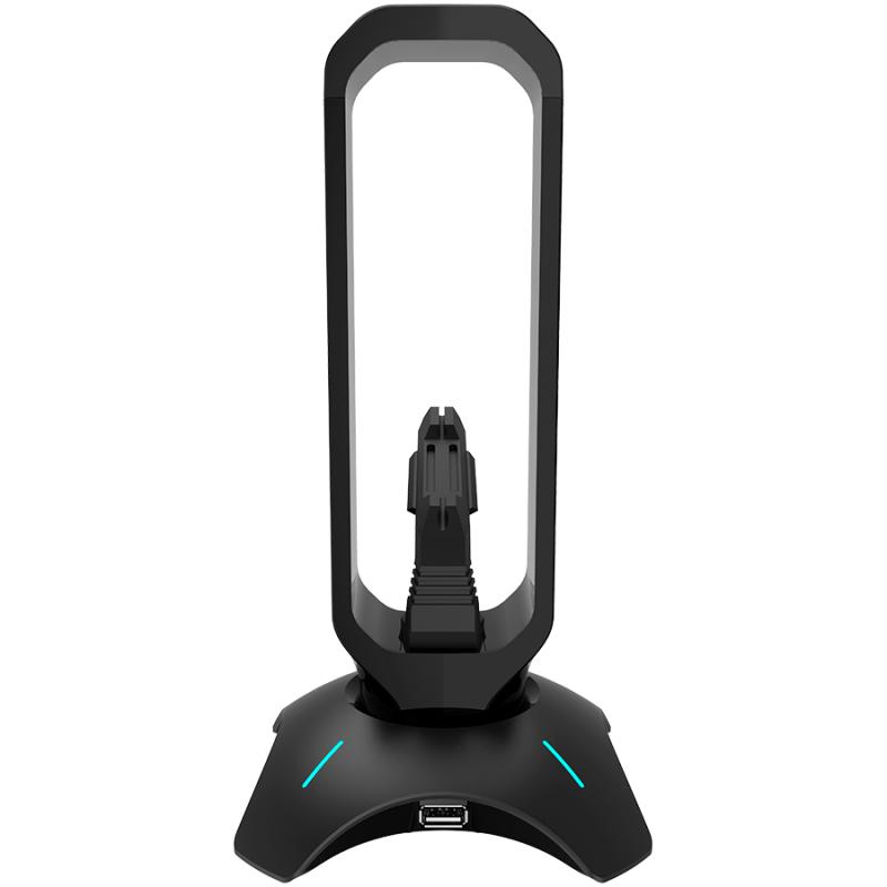 Gaming 3 in 1 Headset stand, Bungee and USB 2.0 hub, 2 USB hub, 1.5m standard USB to USB 5mm PVC cable, Weighted design with non-slip grip, Touch switch to control LED light, Black, size:126*126*251mm, 383g