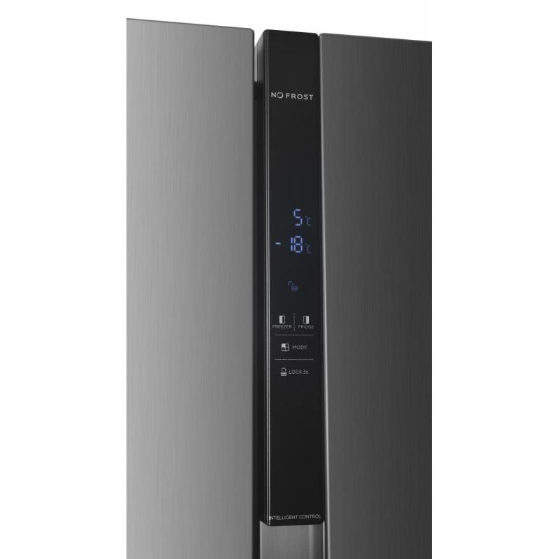 Side by side Heinner HSBS-HM532NFXE++, Full No Frost, Compresor Dual Inverter, clasa energetica E, display touch, control electronic, capacitate totala: 532L, capacitate frigider: 347L, capacitate congelator: 185L, functie SMART, functie ECO, Super racire