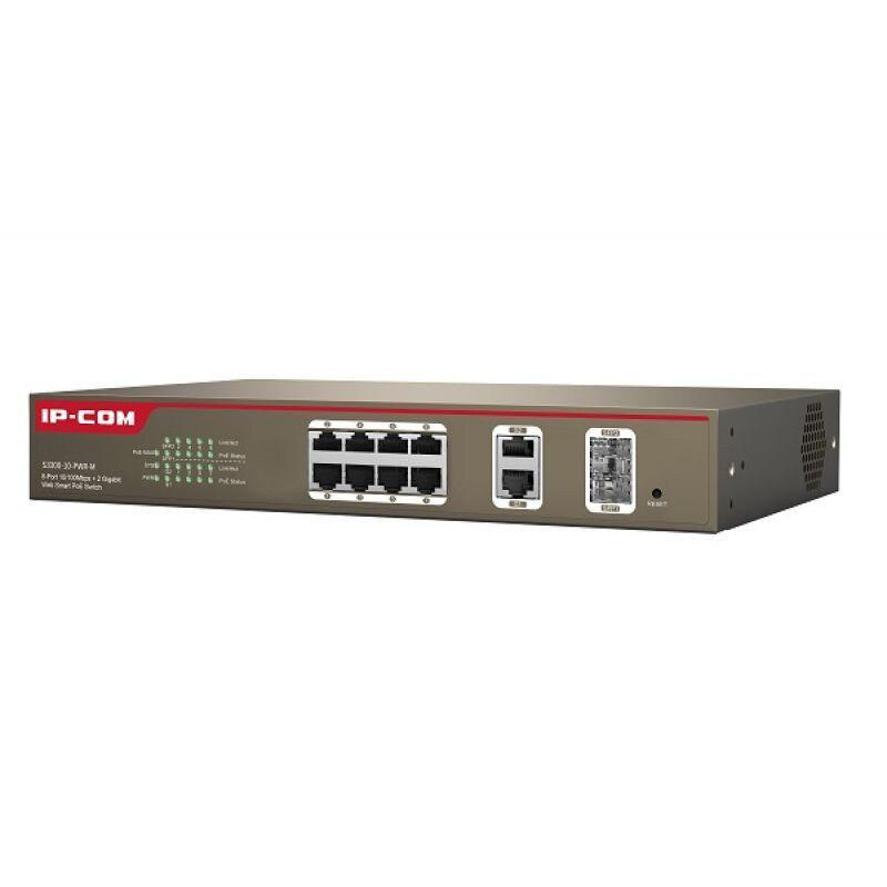 IP-COM S3300-10-PWR-M, 8-Port 10/100Mbps + 2 Gigabit Web Smart PoE Switch, Standards&Protocols: IEEE 802.3、 IEEE 802.3u、IEEE 802.3z、IEEE 802.3ab、 IEEE 802.3x、IEEE 802.1D、IEEE 802.1W、IEEE 802.1Q、 IEEE 802.3af、 IEEE 802.3at, Switching capacity: 5.6 Gbps, 8 