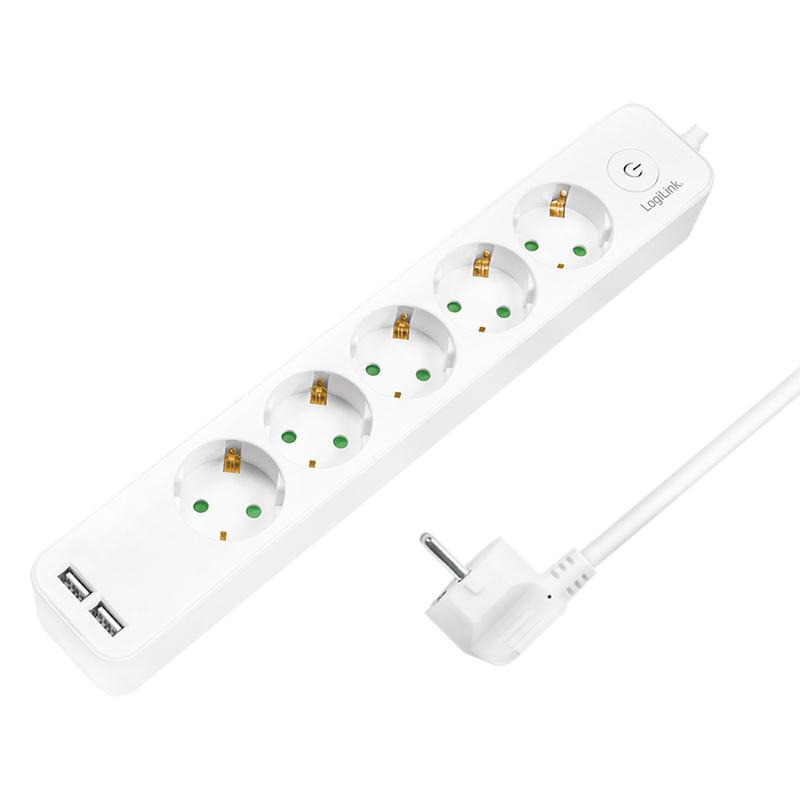 PRELUNGITOR LOGILINK, Schuko x 5, USB x 2 5V/2.1A (10.5 W), cablu 3G 1.5mm2, 230 V/16 A, 50 Hz, max. 3600 W, buton intrerupator iluminat, IP20, 1.5m, alb 