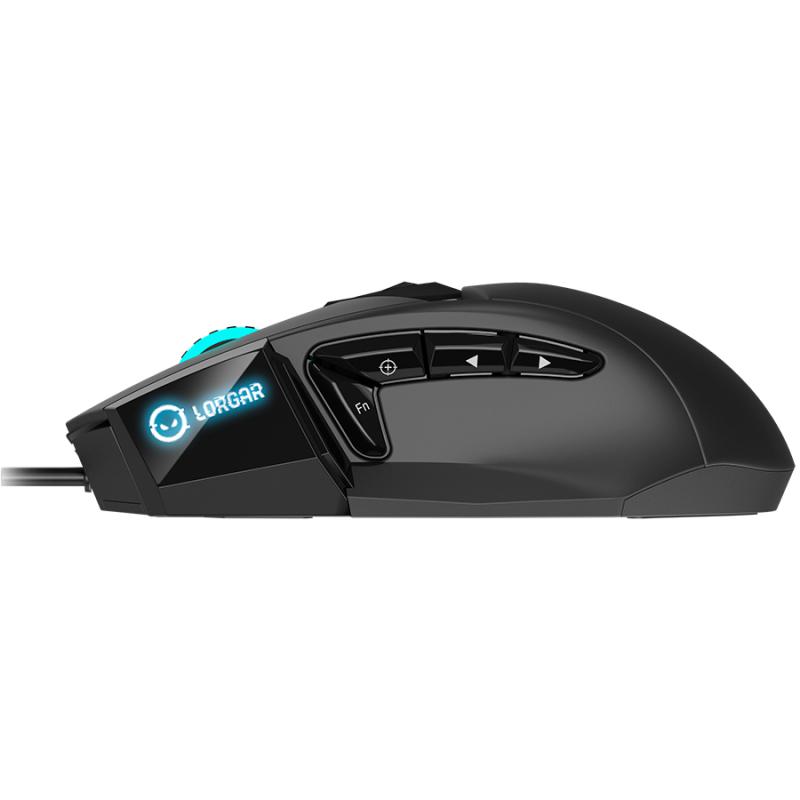 LORGAR Stricter 579, gaming mouse, 9 programmable buttons, Pixart PMW3336 sensor, DPI up to 12 000, 50 million clicks buttons lifespan, 2 switches, built-in display, 1.8m USB soft silicone cable, Matt UV coating with glossy parts and RGB lights with 4 LED