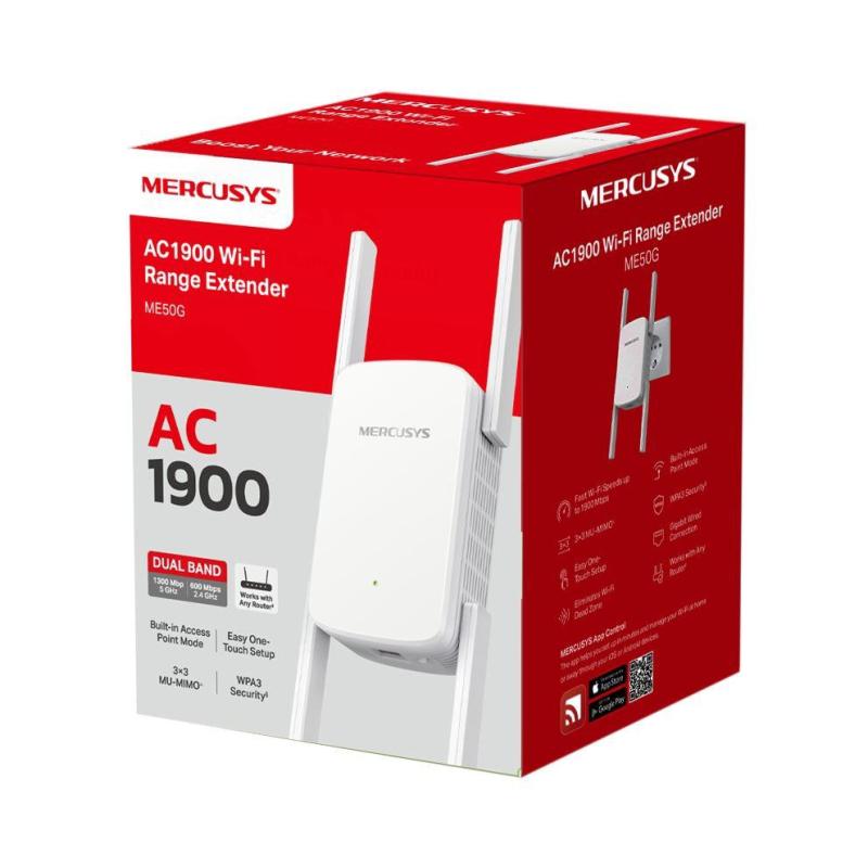 Mercusys AC1900 Wi-Fi Range Extender ME50G; Dual-Band, Standarde Wireless: IEEE 802.11a/n/ac 5 GHz, IEEE 802.11b/g/n 2.4 GHz, Viteza wireless:  600 Mbps at 2.4GHz, 1300 Mbps at 5GHz, Interfata: 1 x Gigabit Ethernet Port, 4 x Andene externe, Consum: 12W, D