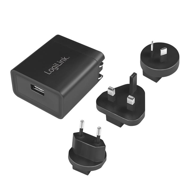 ADAPTOR LOGILINK, Socket EU x 1, Socket AU x 1, Socket UK x 1 , USB x 1, 5V 2.1A (10.5W) max. prot. supracurent / supratensiune / scurtcircuit / supraincalzire, negru 