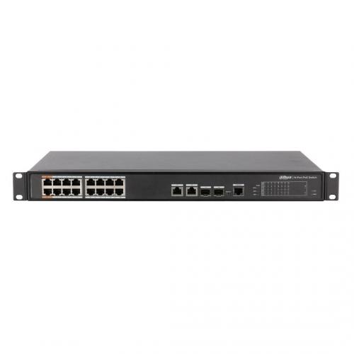 Dahua Managed switch 16 porturi PFS4218-16ET-240, Interfata: 16 x RJ45 - 10/100 Base-T (14 PoE (802.3af/at) + 2 Hi-PoE / PoE (802.3bt) / PoE (802.3af/at)), 2 x port Combo SFP (1000 Base-X) / RJ45 (10/100/1000 Base-T) - Uplink, 1 x RJ45 - Consola, Dimensiu
