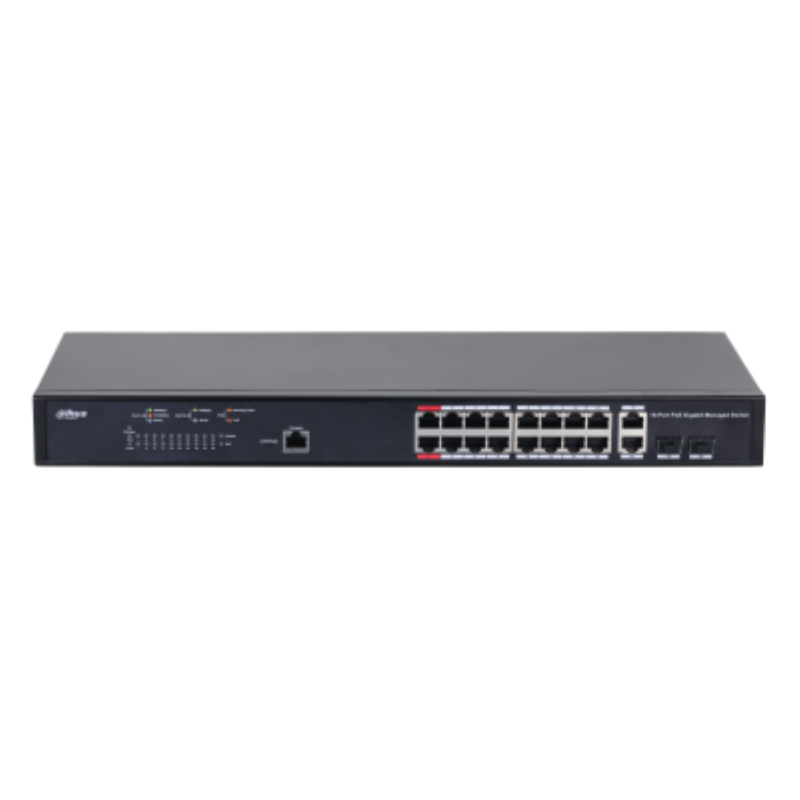 Dahua Managed Switch 18 porturi, 16 porturi POE, Gigabit, Port 1-16:16 × 10M/100M/1000MBase-T (PoE), Port 17-18:2 × 10M/100M/1000MBase-T (uplink) (combo), Port 17-18:2 × 1000M SFP (uplink)(combo), 1 × Console port, Managed L2, Capacitate switch: 56 Gbps, 