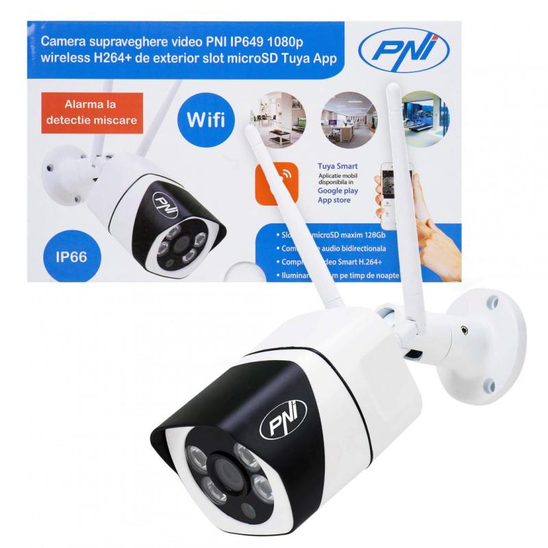 Camera supraveghere video PNI IP649 cu IP, 2MP 1080P, WiFi, slot card micro SD, compatibila cu aplicatia Tuya Smart, Culoare:  Alb / Negru, Senzor imagine:1/2.9