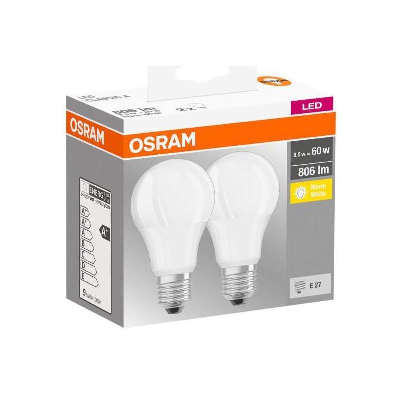 2 Becuri LED Osram Base Classic A, E27, 8.5W (60W), 806 lm, lumina calda (2700K)