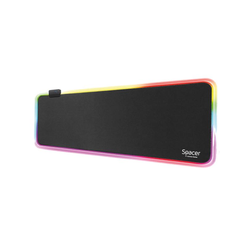 Mousepad Spacer RGB gaming, cauciuc si material textil, 900 x 300 x 3 mm, 1.8 m lungime cablu, 13 moduri de iluminare, statice si dinamice, negru/rgb