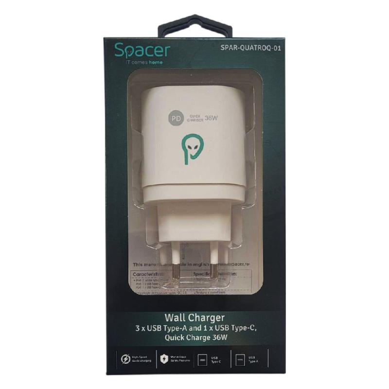 Alimentator retea Spacer Quick Charge 36W, 1 x USB Type-C 20W + 1 x USB QC 3.0, 2 X USB 2.4A, alb