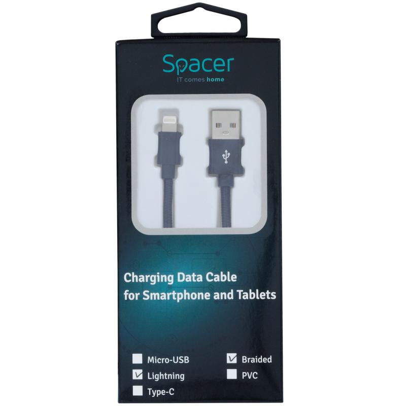 CABLU alimentare si date SPACER, pt. smartphone, USB 2.0 (T) la Lightning(T), braided,,Retail pack, 1.8m, black,&nbsp; 
