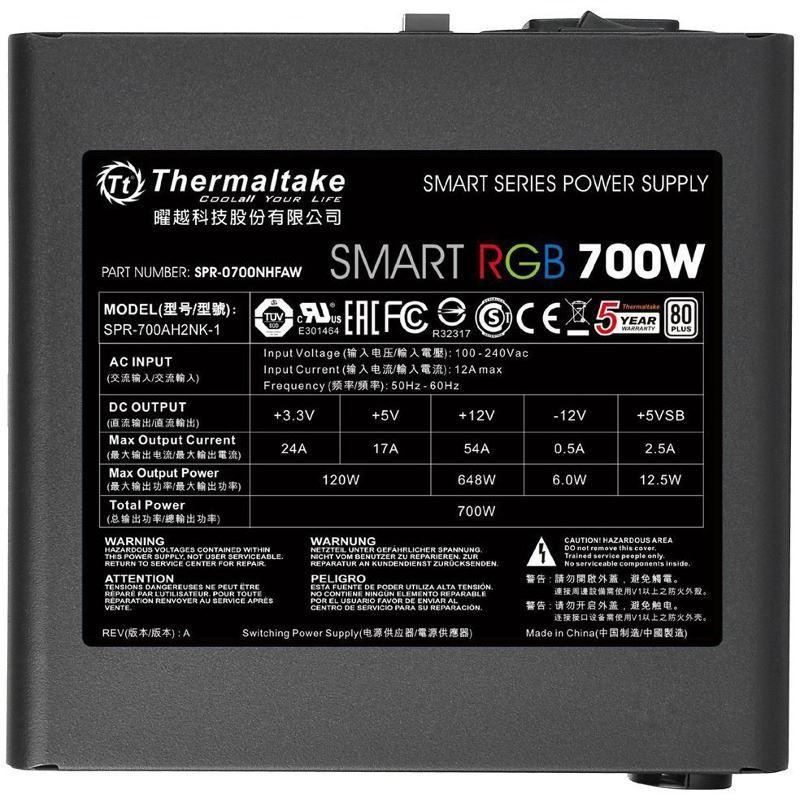 Sursa Thermaltake Smart RGB 700W iluminare RGB, certificata 80 PLUS, eficienta 82-86%, single rail (54A), ventilator silentios de120mm cu control termic automat, buton pentru contolul culorii de iluminare a ventilatorului (Red/Green/Blue/Yellow/Purple/Lig
