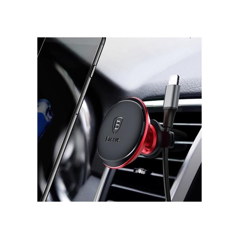 SUPORT AUTO Baseus Magnetic pt. SmartPhone, fixare bord in grila de ventilatie, rotire 360 grade, in partile laterale are 2 prinderi pentru 2 cabluri, rosu 
