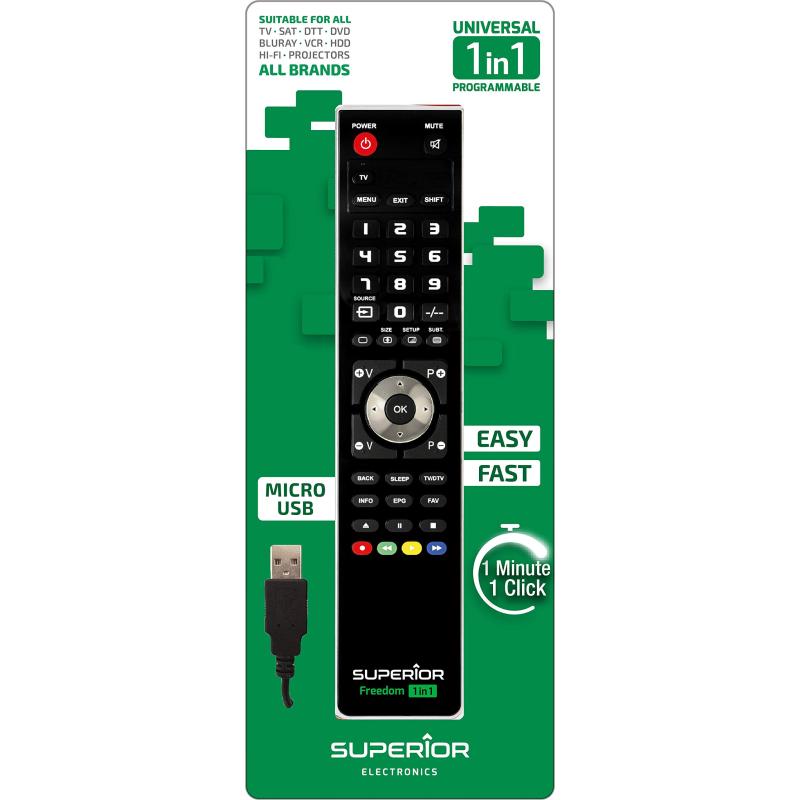 TELECOMANDA UNIVERSALA Superior, 1  in 1, programabila simultan pt. TV, DVD, satelit si AUX, conectare PC prin USB, cablu inclus, baterii 2 x AAA (neincluse), negru 