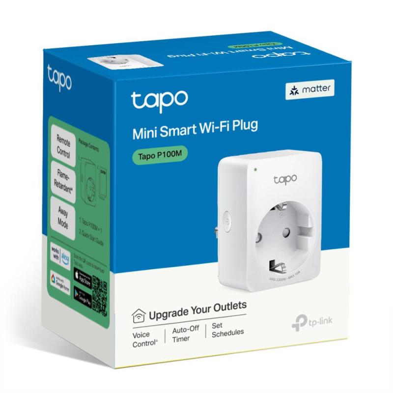 TP-LINK TAPO P100M Mini priză Wi-Fi smart, compatibilă cu Matter, WIFI Protocol: IEEE 802.11b/g/n, Bluetooth, 2.4Ghz, Dimensiuni: 72 × 51 × 40 mm, Cerinte de alimentare: 100-240V~, Incarcare maxima: 2,300W, 10A.