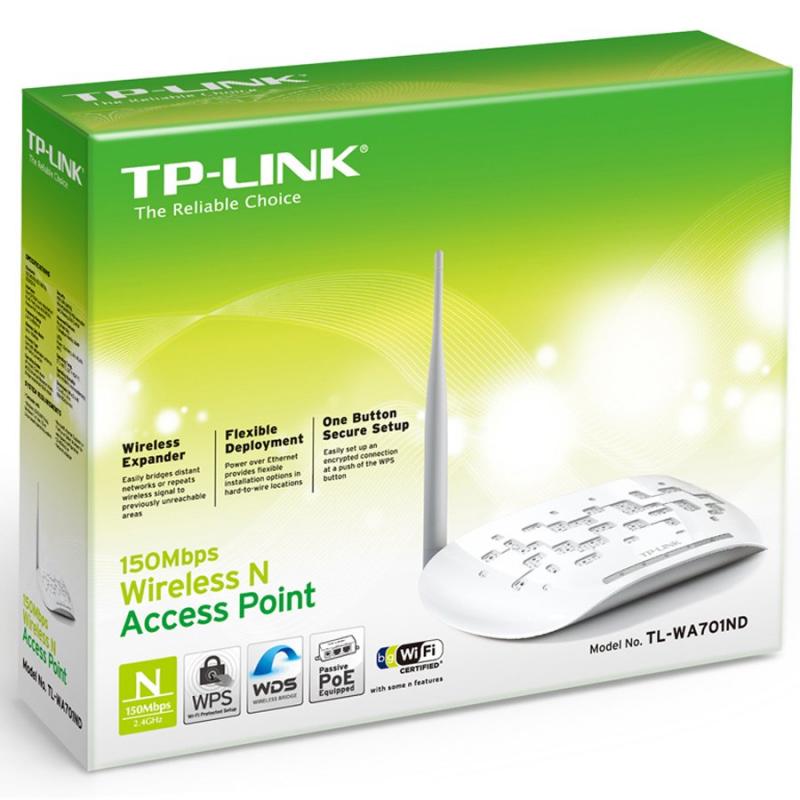 Wireless AP TP-Link TL-WA701ND, 2,4GHz Wireless N Access Point 150Mbps, 1x 10/100Mbps Auto-Sensing RJ 45 Port, Detachable Omni Directional Antenna 1 x 5dBi (RP-SMA), support Passive PoE (with PoE Power injector)