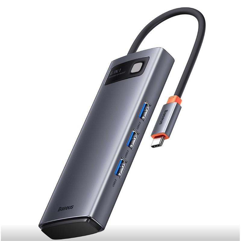 DOCKING Station Baseus Metal Gleam, conectare PC USB Type-C, USB 3.0 x 3, USB Type C x 1 PD 20V/5A, card reader SD/microSD, gri 